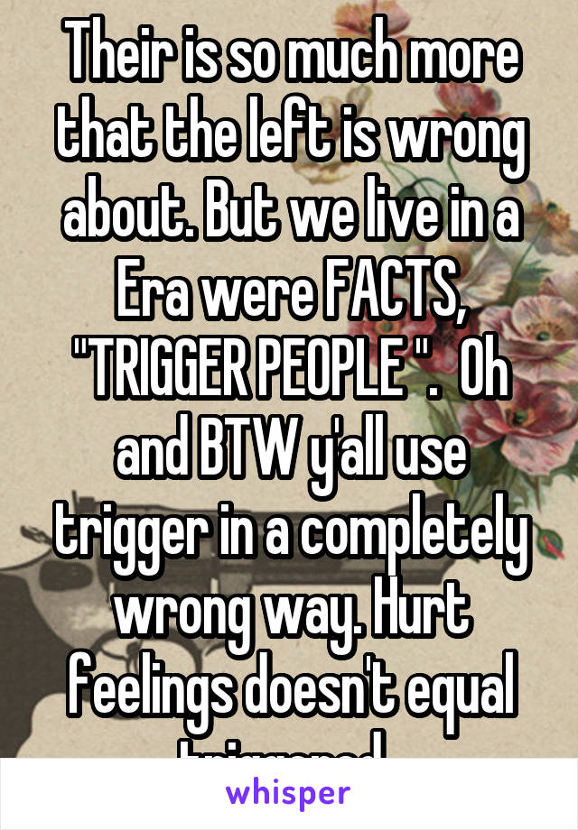 Their is so much more that the left is wrong about. But we live in a Era were FACTS, "TRIGGER PEOPLE ".  Oh and BTW y'all use trigger in a completely wrong way. Hurt feelings doesn't equal triggered. 