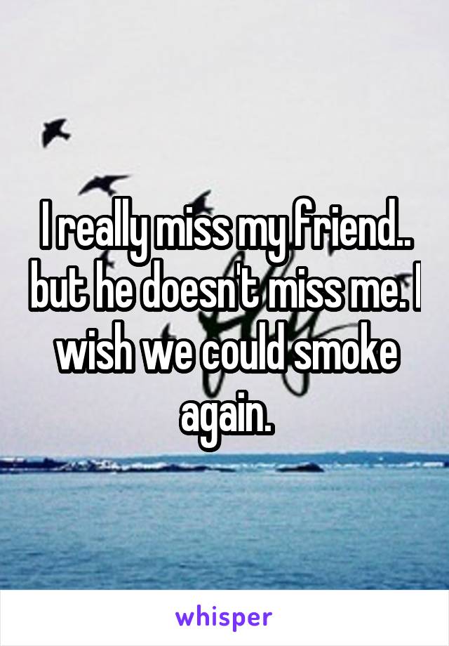 I really miss my friend.. but he doesn't miss me. I wish we could smoke again.