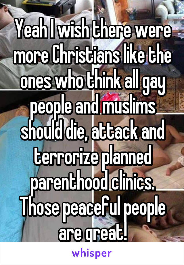 Yeah I wish there were more Christians like the ones who think all gay people and muslims should die, attack and terrorize planned parenthood clinics. Those peaceful people are great!