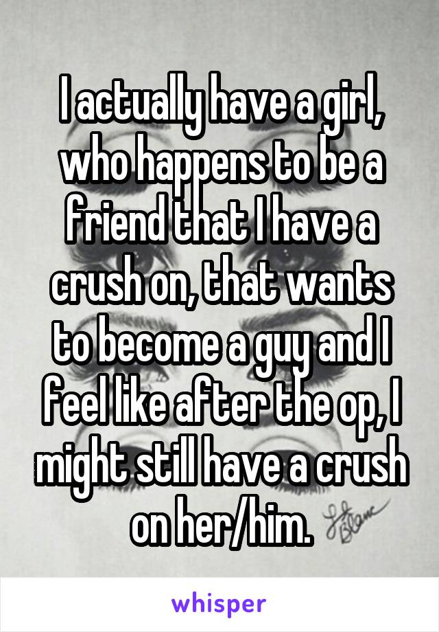 I actually have a girl, who happens to be a friend that I have a crush on, that wants to become a guy and I feel like after the op, I might still have a crush on her/him.