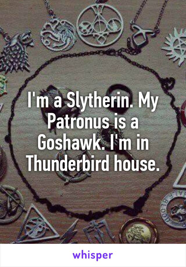 I'm a Slytherin. My Patronus is a Goshawk. I'm in Thunderbird house.