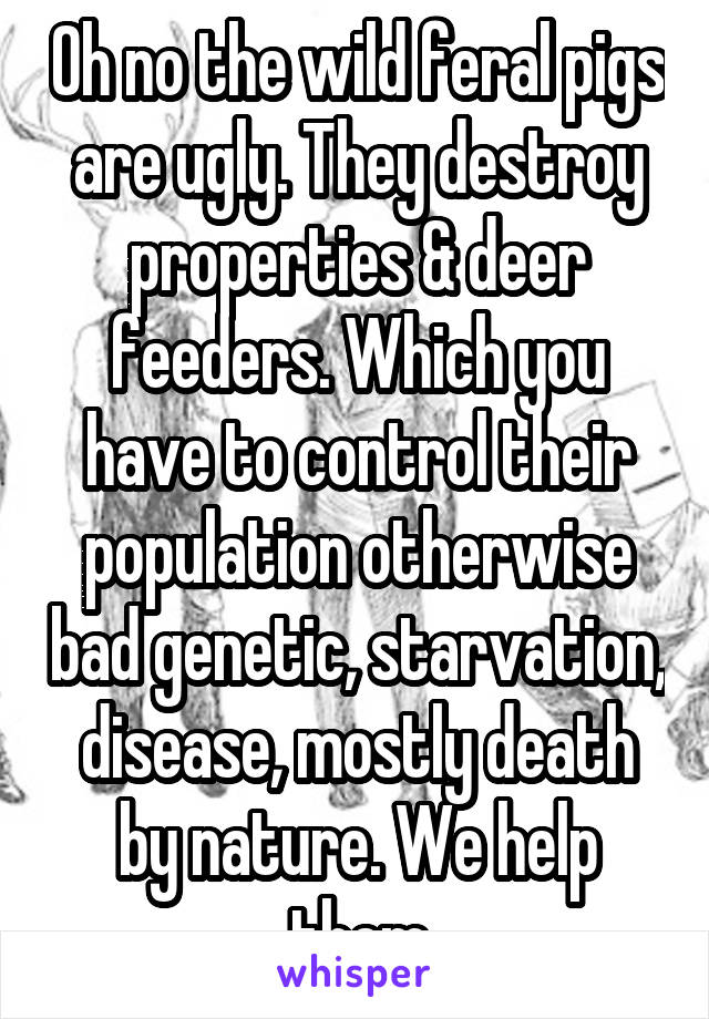 Oh no the wild feral pigs are ugly. They destroy properties & deer feeders. Which you have to control their population otherwise bad genetic, starvation, disease, mostly death by nature. We help them