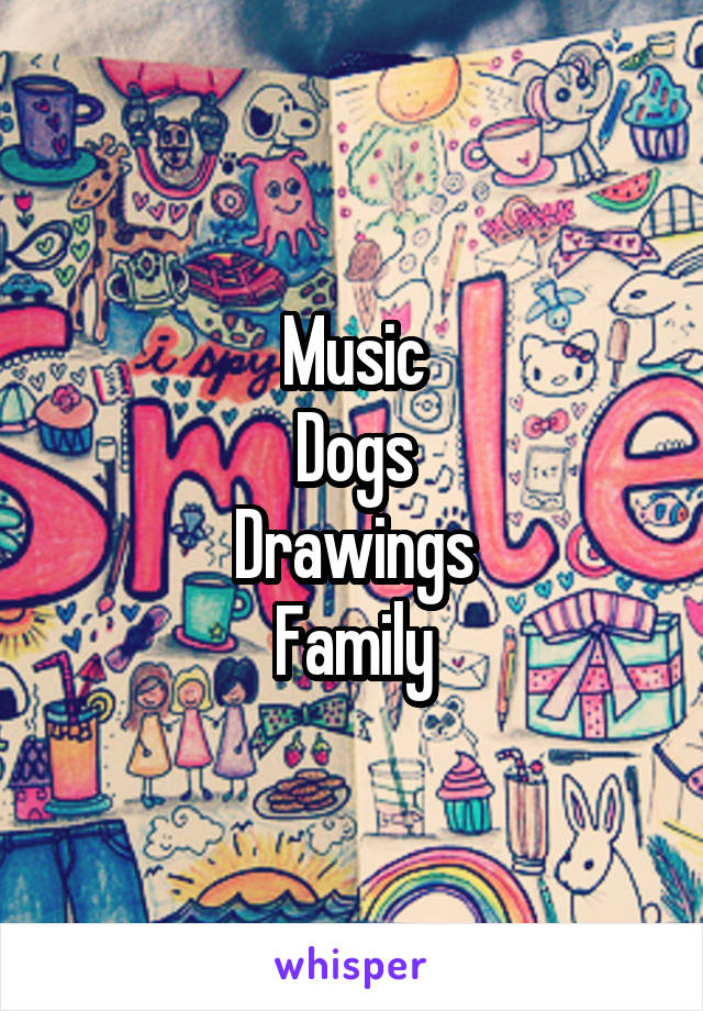 Music
Dogs
Drawings
Family