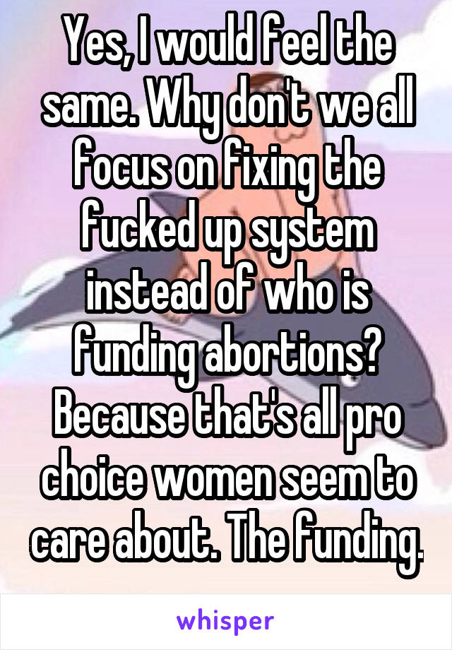 Yes, I would feel the same. Why don't we all focus on fixing the fucked up system instead of who is funding abortions? Because that's all pro choice women seem to care about. The funding. 