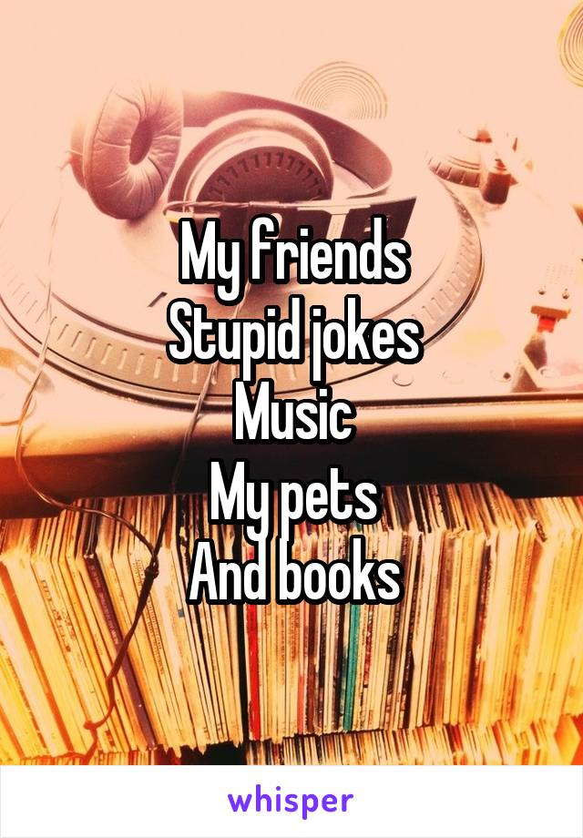 My friends
Stupid jokes
Music
My pets
And books