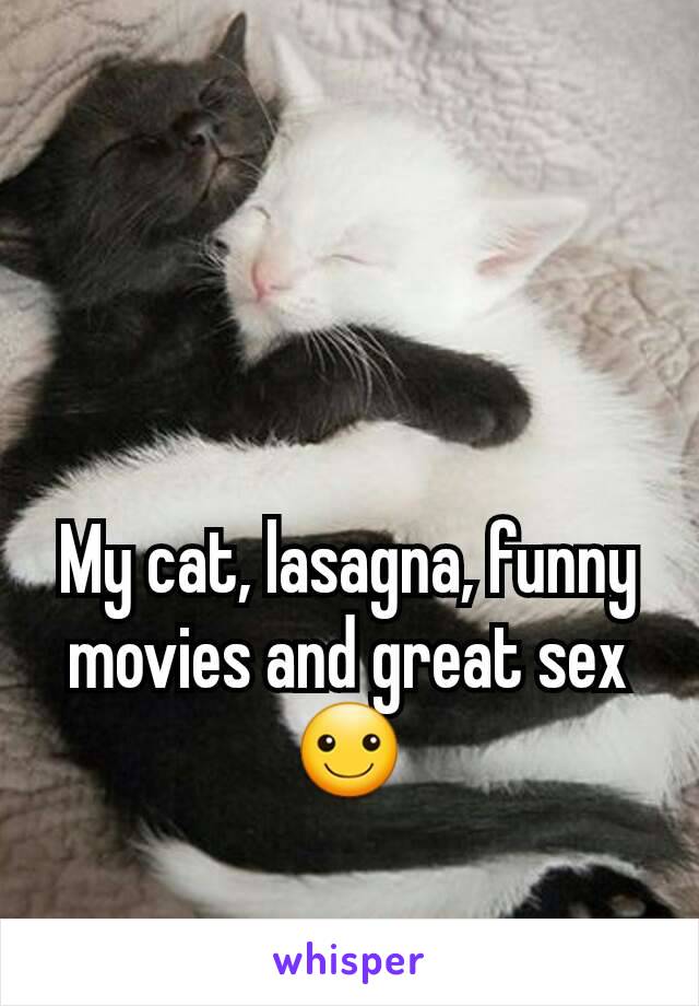 My cat, lasagna, funny movies and great sex☺