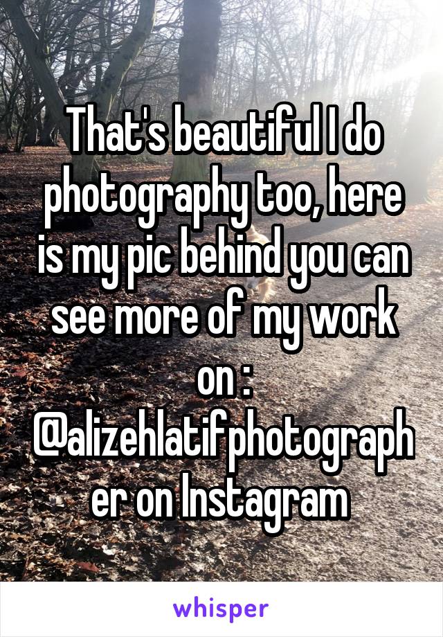 That's beautiful I do photography too, here is my pic behind you can see more of my work on : @alizehlatifphotographer on Instagram 