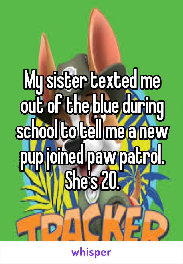 My sister texted me out of the blue during school to tell me a new pup joined paw patrol. She's 20.