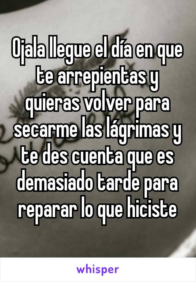 Ojala llegue el día en que te arrepientas y quieras volver para secarme las  lágrimas y te des cuenta que es demasiado tarde para reparar lo que hiciste