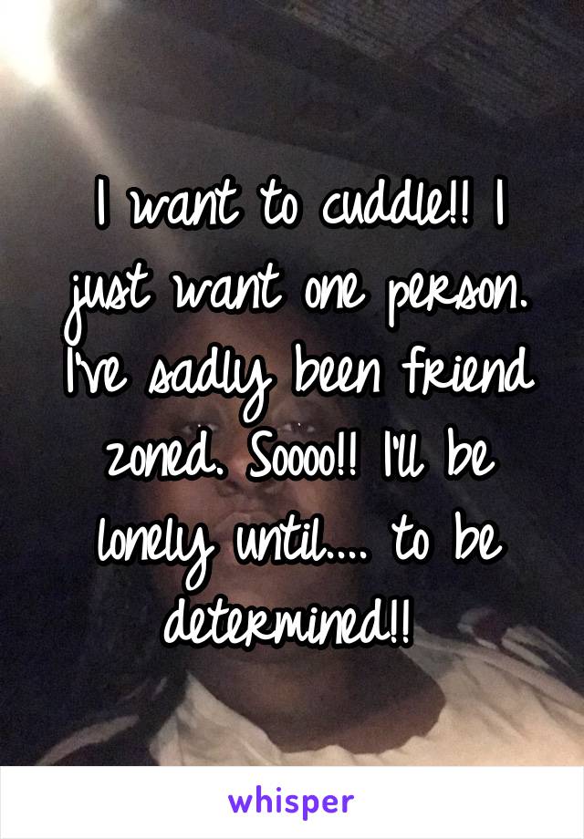 I want to cuddle!! I just want one person. I've sadly been friend zoned. Soooo!! I'll be lonely until.... to be determined!! 