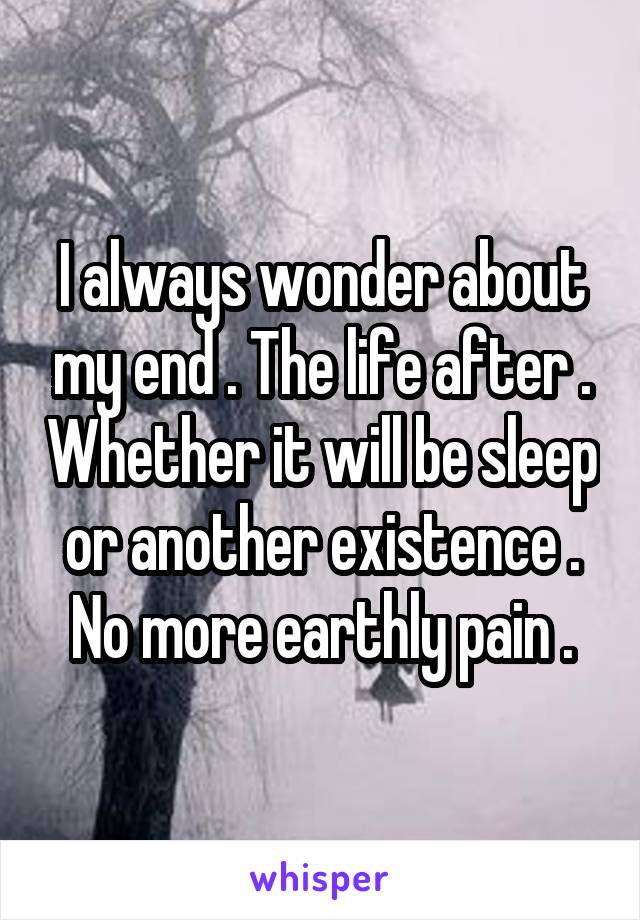 I always wonder about my end . The life after . Whether it will be sleep or another existence . No more earthly pain .