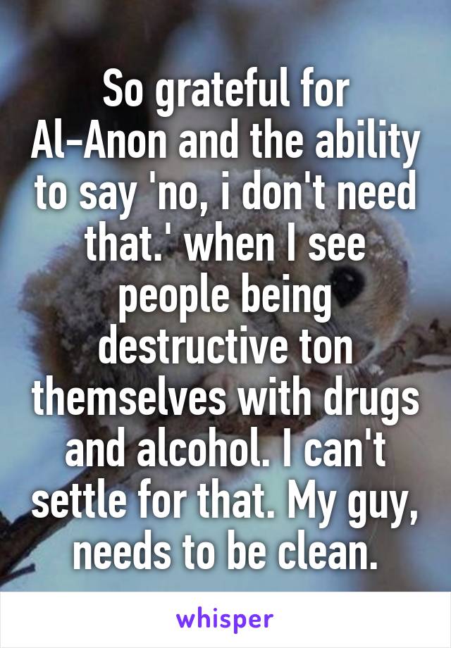 So grateful for Al-Anon and the ability to say 'no, i don't need that.' when I see people being destructive ton themselves with drugs and alcohol. I can't settle for that. My guy, needs to be clean.