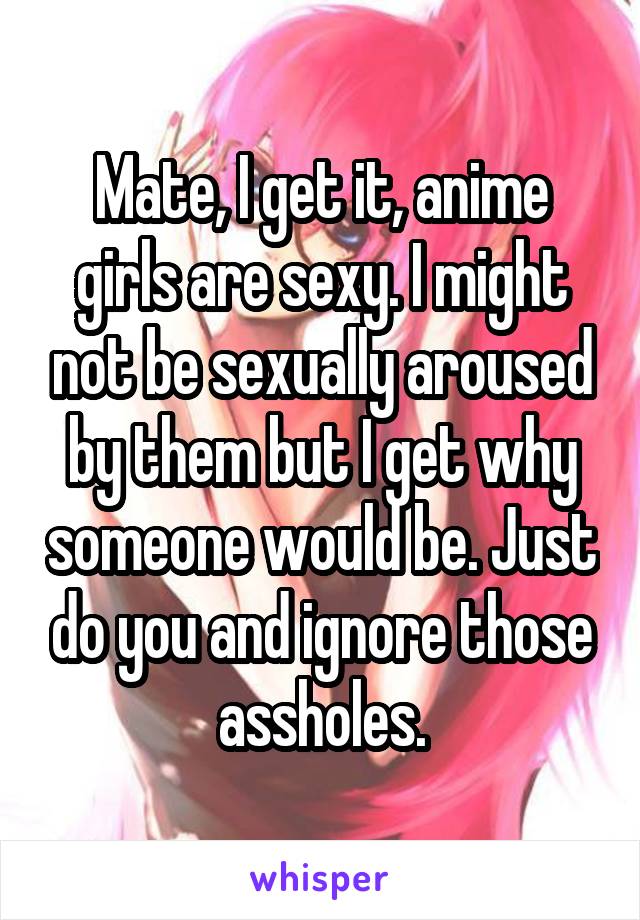Mate, I get it, anime girls are sexy. I might not be sexually aroused by them but I get why someone would be. Just do you and ignore those assholes.