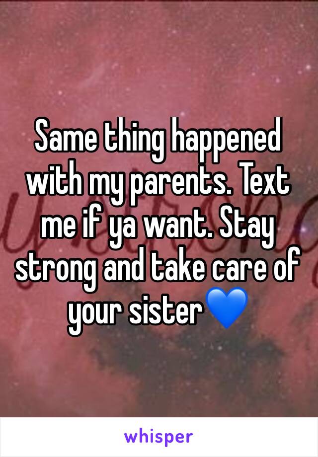 Same thing happened with my parents. Text me if ya want. Stay strong and take care of your sister💙