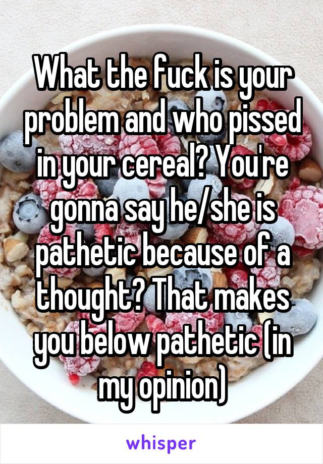 What the fuck is your problem and who pissed in your cereal? You're gonna say he/she is pathetic because of a thought? That makes you below pathetic (in my opinion)