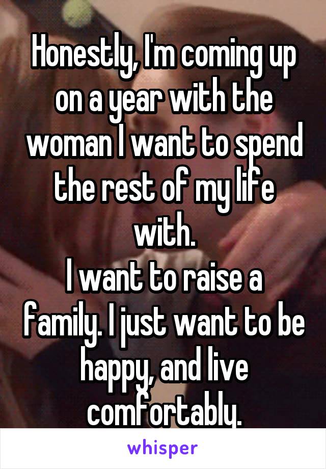 Honestly, I'm coming up on a year with the woman I want to spend the rest of my life with.
I want to raise a family. I just want to be happy, and live comfortably.