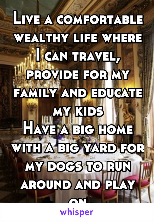 Live a comfortable wealthy life where I can travel, provide for my family and educate my kids
Have a big home with a big yard for my dogs to run around and play on