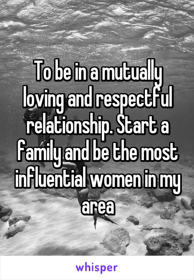 To be in a mutually loving and respectful relationship. Start a family and be the most influential women in my area