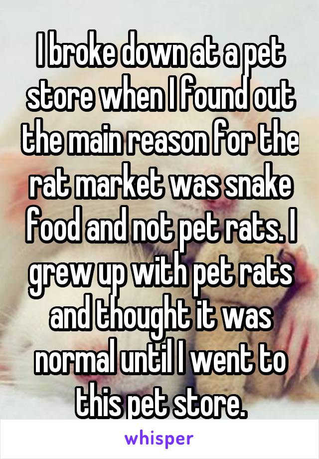 I broke down at a pet store when I found out the main reason for the rat market was snake food and not pet rats. I grew up with pet rats and thought it was normal until I went to this pet store.