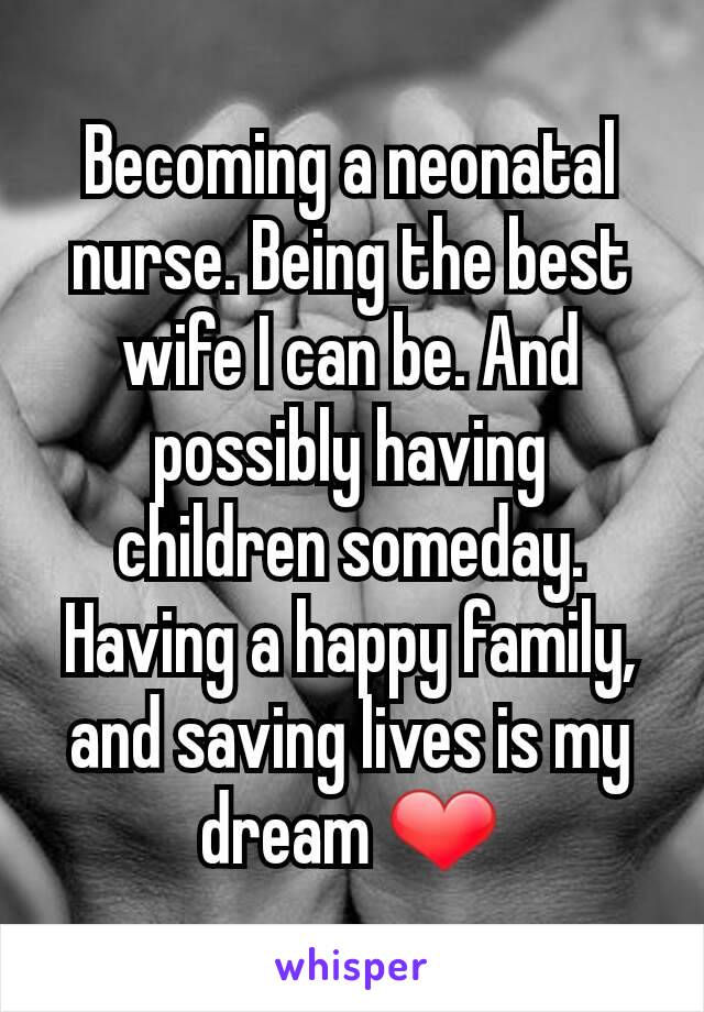 Becoming a neonatal nurse. Being the best wife I can be. And possibly having children someday. Having a happy family, and saving lives is my  dream ❤