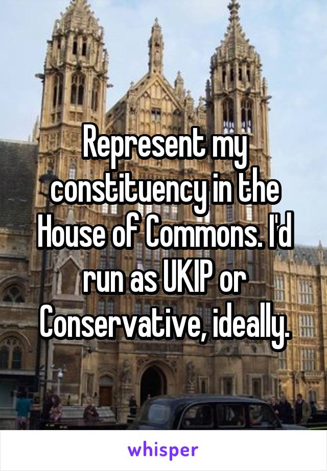 Represent my constituency in the House of Commons. I'd run as UKIP or Conservative, ideally.