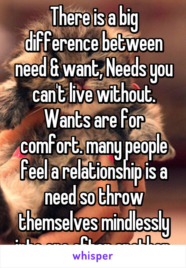 There is a big difference between need & want, Needs you can't live without. Wants are for comfort. many people feel a relationship is a need so throw themselves mindlessly into one after another 