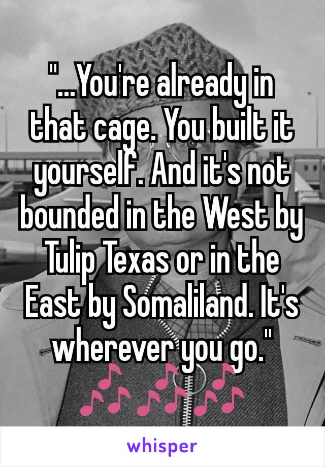 "...You're already in that cage. You built it yourself. And it's not bounded in the West by Tulip Texas or in the East by Somaliland. It's wherever you go." 🎶🎶🎶