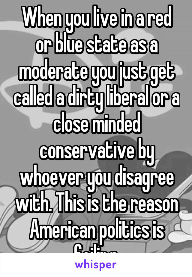 When you live in a red or blue state as a moderate you just get called a dirty liberal or a close minded conservative by whoever you disagree with. This is the reason American politics is failing.