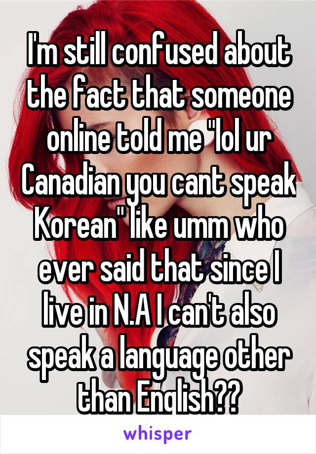 I'm still confused about the fact that someone online told me "lol ur Canadian you cant speak Korean" like umm who ever said that since I live in N.A I can't also speak a language other than English??