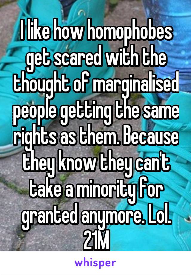 I like how homophobes get scared with the thought of marginalised people getting the same rights as them. Because they know they can't take a minority for granted anymore. Lol. 21M