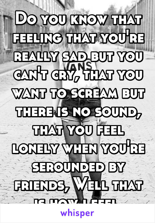 Do you know that feeling that you're really sad but you can't cry, that you want to scream but there is no sound, that you feel lonely when you're serounded by friends, Well that is how i feel.