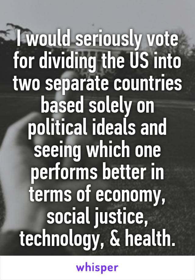 I would seriously vote for dividing the US into two separate countries based solely on political ideals and seeing which one performs better in terms of economy, social justice, technology, & health.