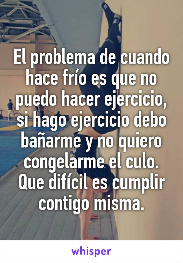 El problema de cuando hace frío es que no puedo hacer ejercicio, si hago ejercicio debo bañarme y no quiero congelarme el culo.
Que difícil es cumplir contigo misma.