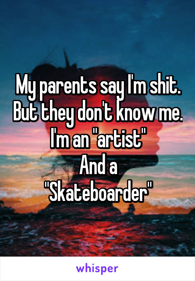 My parents say I'm shit. But they don't know me. I'm an "artist"
And a
"Skateboarder"