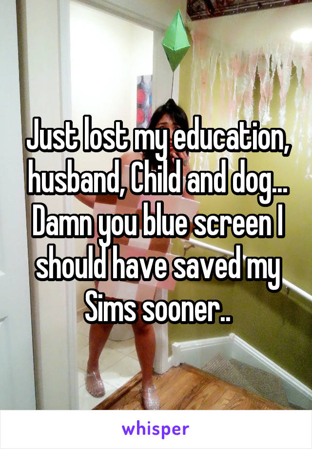 Just lost my education, husband, Child and dog... Damn you blue screen I should have saved my Sims sooner..