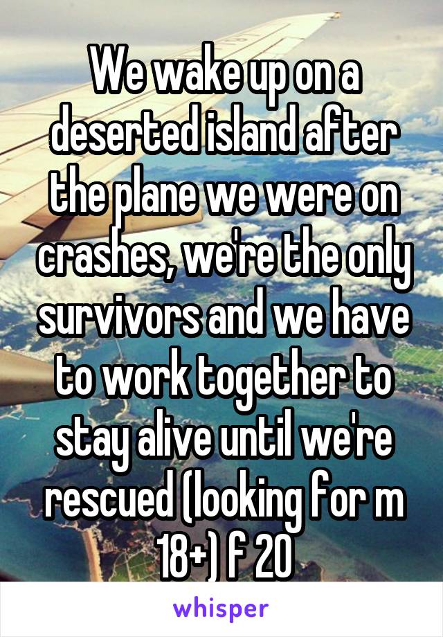 We wake up on a deserted island after the plane we were on crashes, we're the only survivors and we have to work together to stay alive until we're rescued (looking for m 18+) f 20