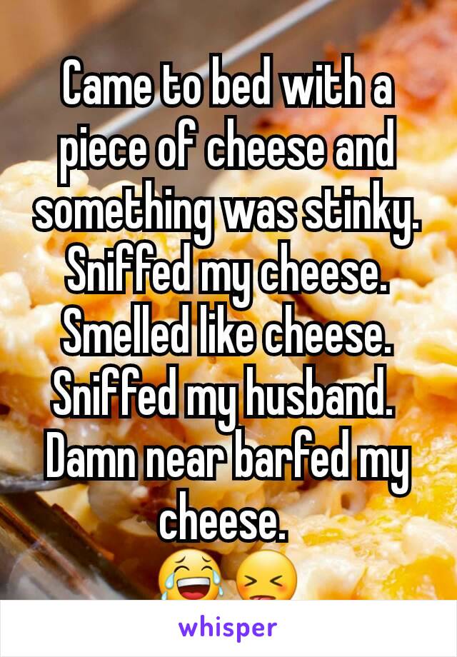 Came to bed with a piece of cheese and something was stinky. Sniffed my cheese. Smelled like cheese. Sniffed my husband. 
Damn near barfed my cheese. 
😂😝