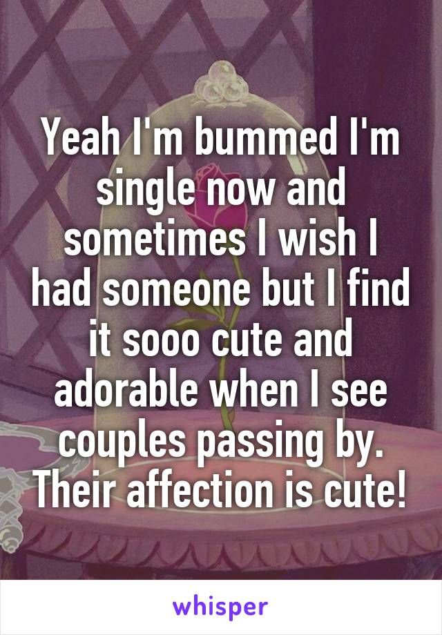 Yeah I'm bummed I'm single now and sometimes I wish I had someone but I find it sooo cute and adorable when I see couples passing by. Their affection is cute!