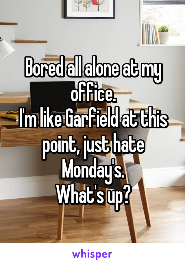 Bored all alone at my office.
I'm like Garfield at this point, just hate Monday's.
What's up?