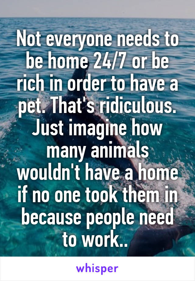 Not everyone needs to be home 24/7 or be rich in order to have a pet. That's ridiculous. Just imagine how many animals wouldn't have a home if no one took them in because people need to work.. 