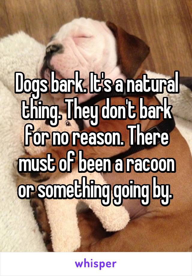 Dogs bark. It's a natural thing. They don't bark for no reason. There must of been a racoon or something going by. 