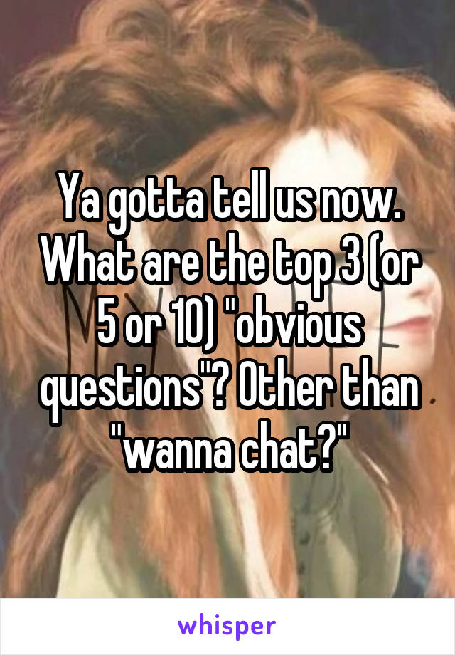 Ya gotta tell us now. What are the top 3 (or 5 or 10) "obvious questions"? Other than "wanna chat?"