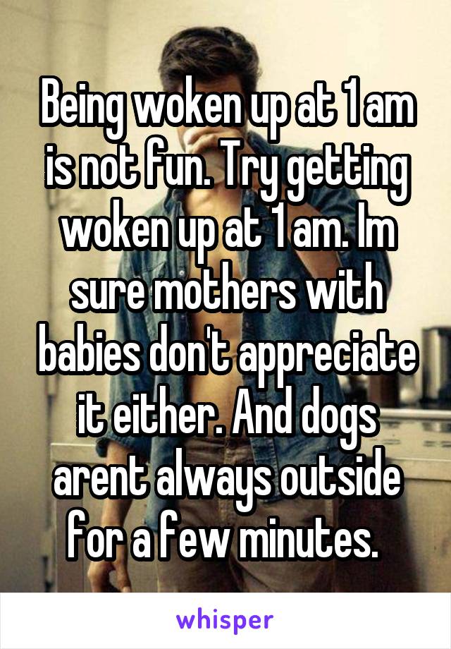 Being woken up at 1 am is not fun. Try getting woken up at 1 am. Im sure mothers with babies don't appreciate it either. And dogs arent always outside for a few minutes. 