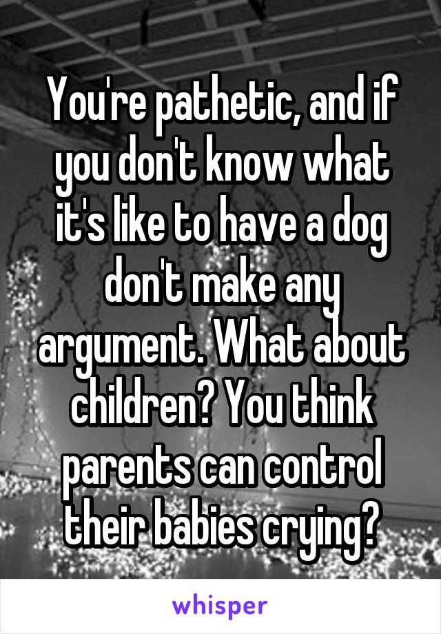 You're pathetic, and if you don't know what it's like to have a dog don't make any argument. What about children? You think parents can control their babies crying?