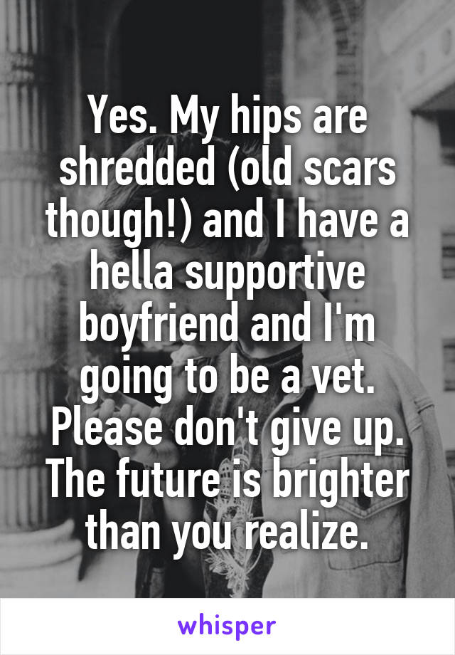 Yes. My hips are shredded (old scars though!) and I have a hella supportive boyfriend and I'm going to be a vet. Please don't give up. The future is brighter than you realize.