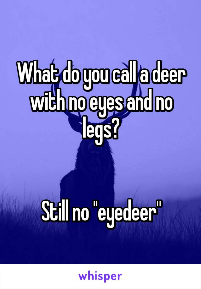 What do you call a deer with no eyes and no legs?


Still no "eyedeer"