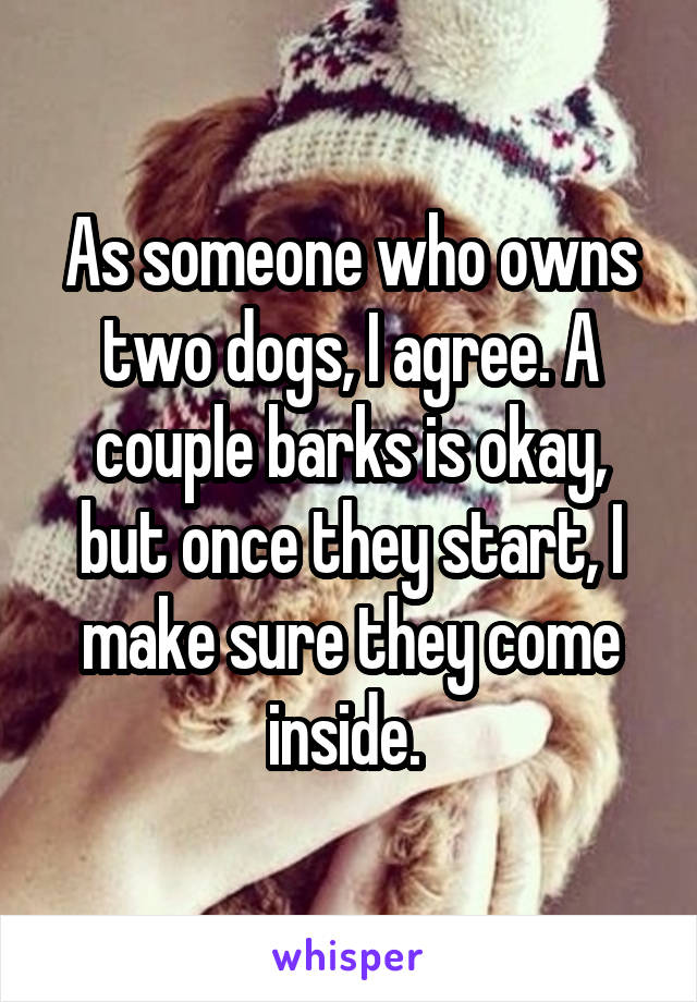 As someone who owns two dogs, I agree. A couple barks is okay, but once they start, I make sure they come inside. 