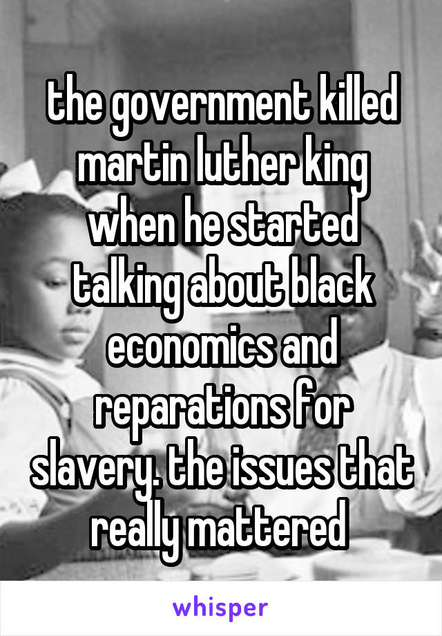 the government killed martin luther king when he started talking about black economics and reparations for slavery. the issues that really mattered 