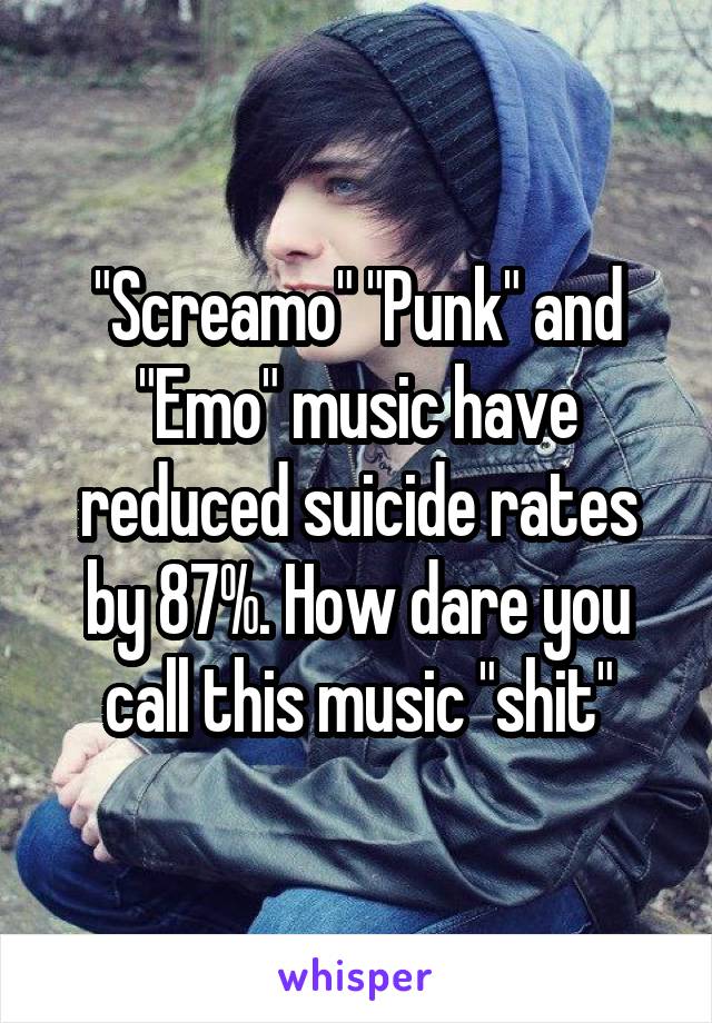 "Screamo" "Punk" and "Emo" music have reduced suicide rates by 87%. How dare you call this music "shit"