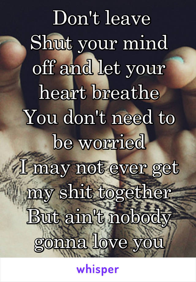  Don't leave
Shut your mind off and let your heart breathe
You don't need to be worried
I may not ever get my shit together
But ain't nobody gonna love you better